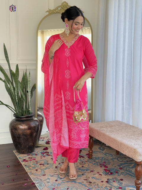 Floral Embroidered Sequinned Kurti with Trousers & Dupatta