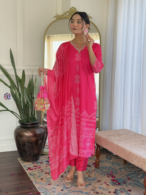 Floral Embroidered Sequinned Kurti with Trousers & Dupatta