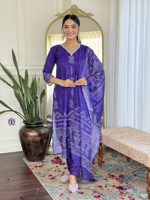 Floral Embroidered Sequinned Kurti with Trousers & Dupatta