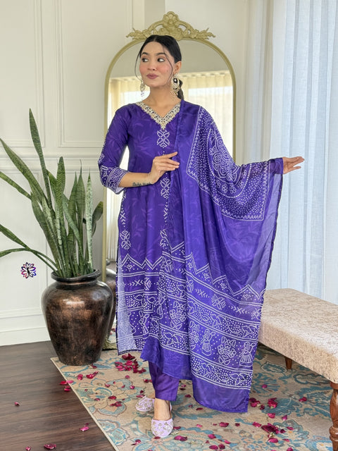 Floral Embroidered Sequinned Kurti with Trousers & Dupatta