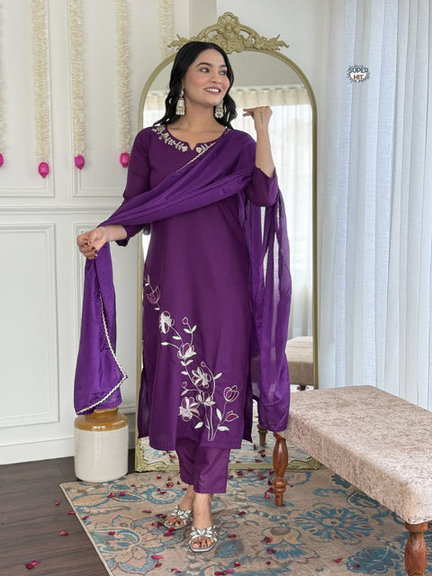 Rayon Slub Fabric Embroidered work Straight Cut Kurti Pant and Dupatta Suit