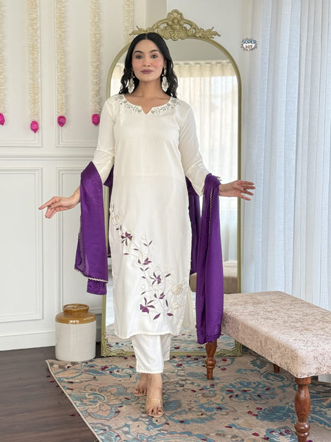 Rayon Slub Fabric Embroidered work Straight Cut Kurti Pant and Dupatta Suit