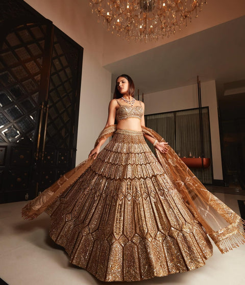 Embroidery Sequin Sweetheart Neck Antique Crystal  lehenga choli