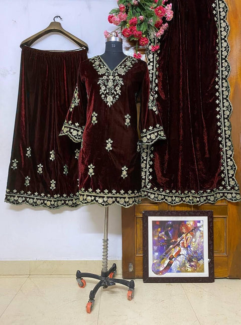 Maroon Viscose Velvet Embroidered Un-Stitched Suit