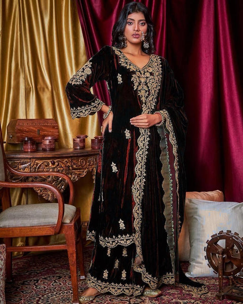 Maroon Viscose Velvet Embroidered Un-Stitched Suit
