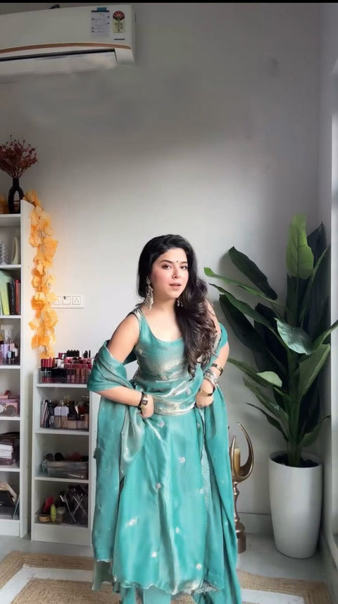 New Designer Party Wear Look Pure Chinon Silk Top Palazzo & Dupatta Suit