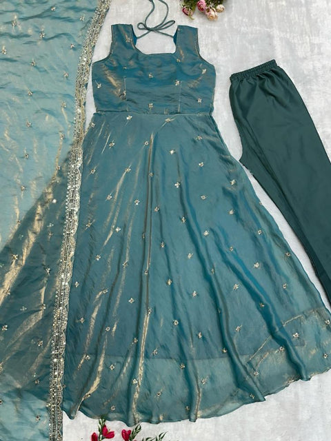 New Designer Party Wear Look Pure Chinon Silk Top Palazzo & Dupatta Suit