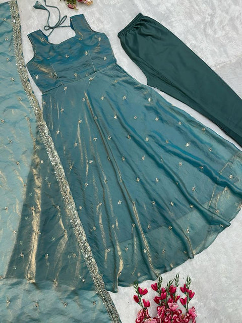 New Designer Party Wear Look Pure Chinon Silk Top Palazzo & Dupatta Suit