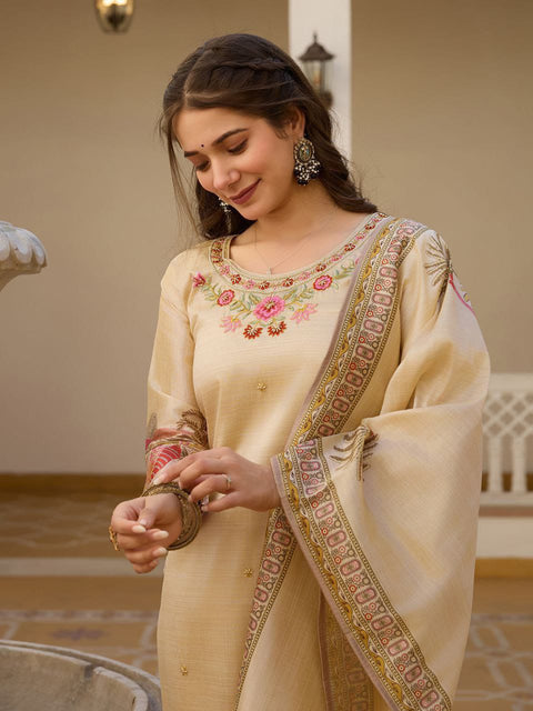 Embroidered Kurti With Printed Dupatta And pent