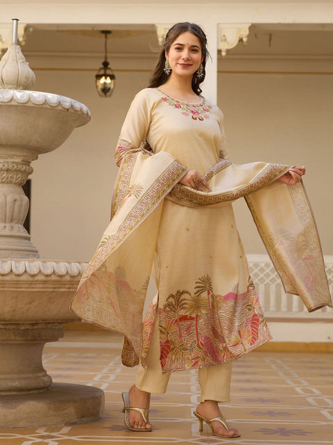 Embroidered Kurti With Printed Dupatta And pent