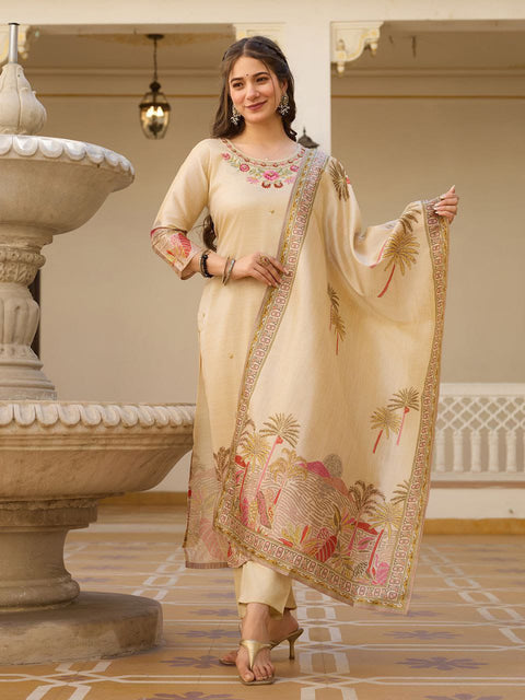 Embroidered Kurti With Printed Dupatta And pent