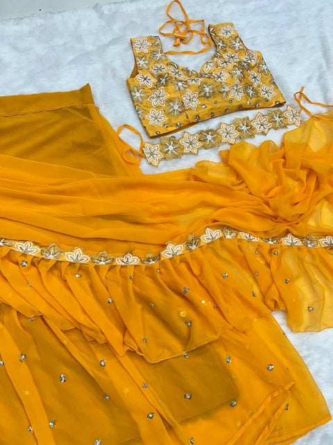 Designer Party Wear Lahenga Saree With Stitched Blouse And Also Belt Free.