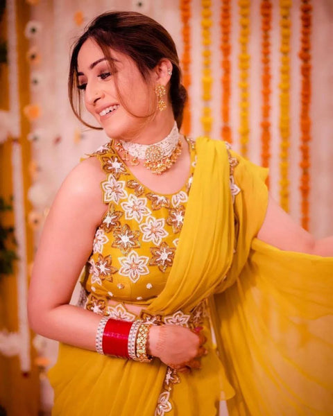 Designer Party Wear Lahenga Saree With Stitched Blouse And Also Belt Free.