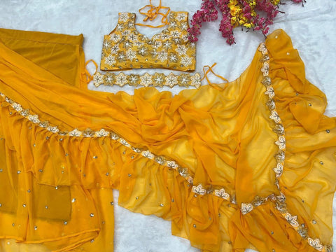 Designer Party Wear Lahenga Saree With Stitched Blouse And Also Belt Free.