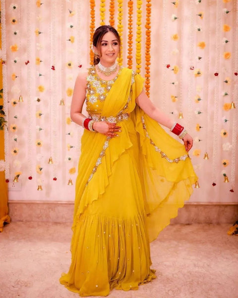 Designer Party Wear Lahenga Saree With Stitched Blouse And Also Belt Free.