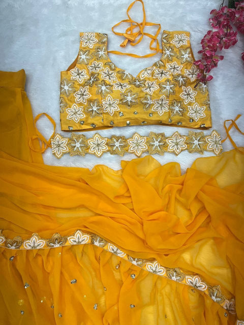 Designer Party Wear Lahenga Saree With Stitched Blouse And Also Belt Free.