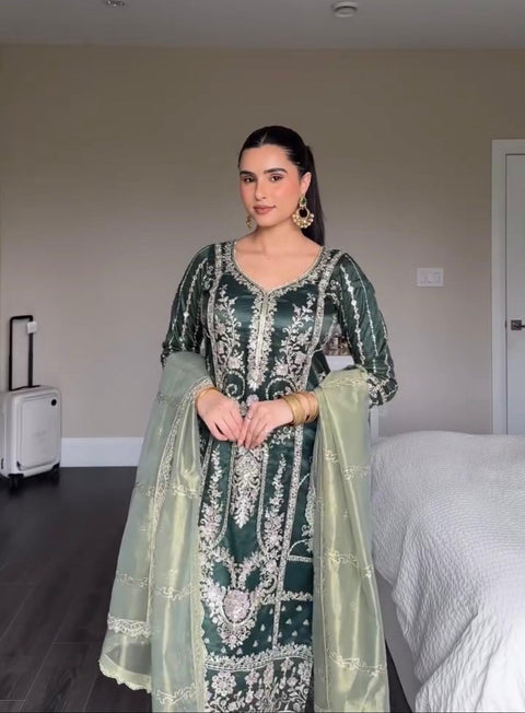 Embroidered Thread Work Straight Kurta With Trousers & dupatta