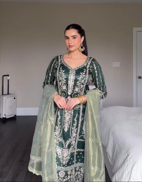 Embroidered Thread Work Straight Kurta With Trousers & dupatta