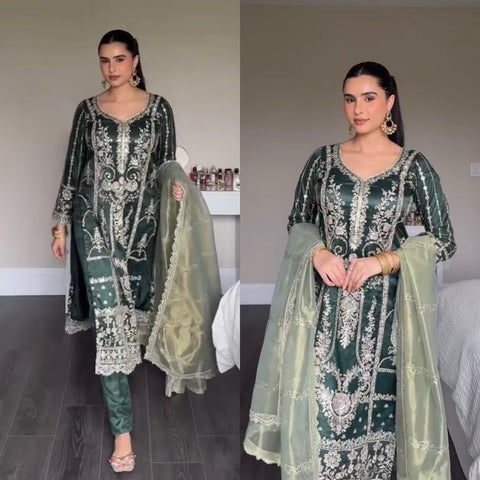 Embroidered Thread Work Straight Kurta With Trousers & dupatta