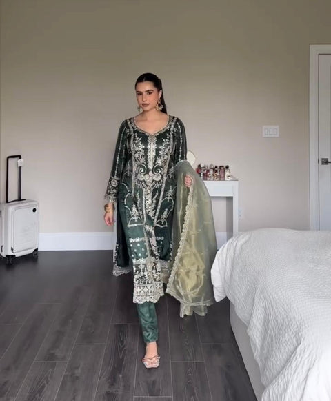 Embroidered Thread Work Straight Kurta With Trousers & dupatta