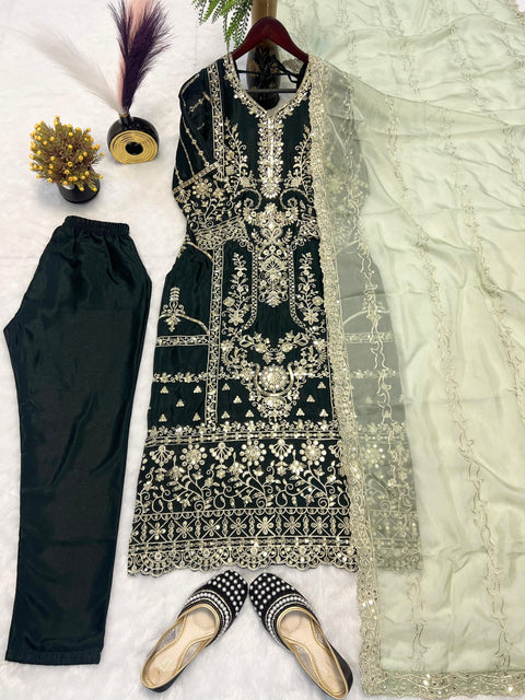 Embroidered Thread Work Straight Kurta With Trousers & dupatta