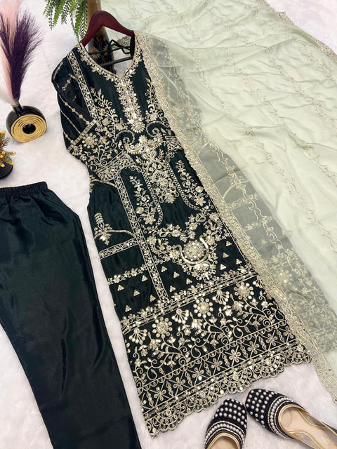 Embroidered Thread Work Straight Kurta With Trousers & dupatta