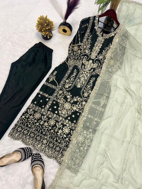 Embroidered Thread Work Straight Kurta With Trousers & dupatta