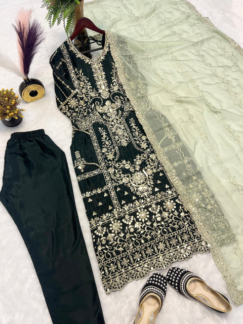 Embroidered Thread Work Straight Kurta With Trousers & dupatta