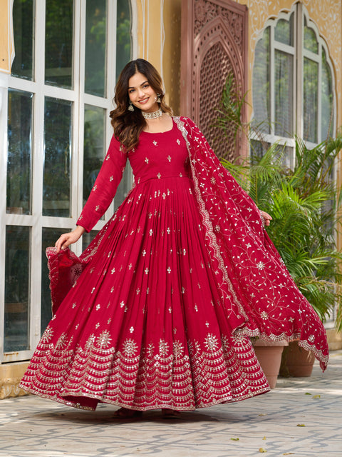 Pure Vichitra Silk Embroidered Gown with Heavy Dupatta