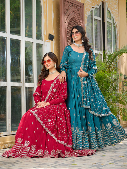 Pure Vichitra Silk Embroidered Gown with Heavy Dupatta