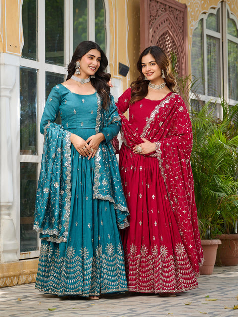Pure Vichitra Silk Embroidered Gown with Heavy Dupatta