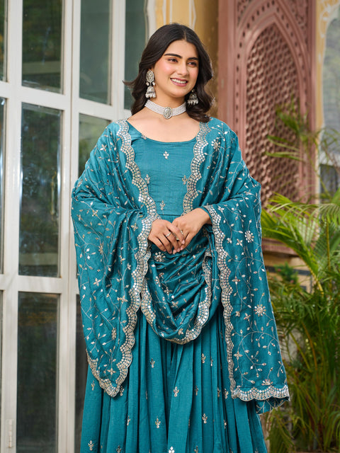 Pure Vichitra Silk Embroidered Gown with Heavy Dupatta