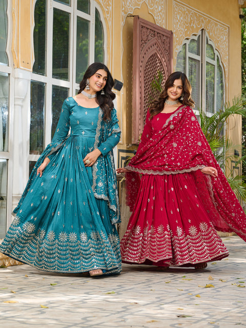 Pure Vichitra Silk Embroidered Gown with Heavy Dupatta