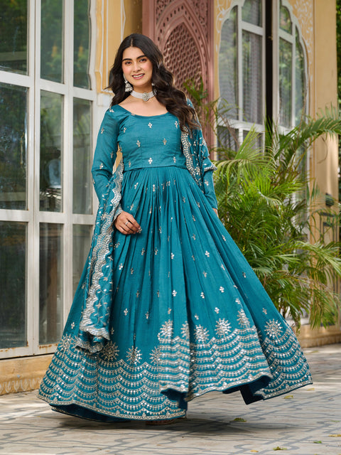 Pure Vichitra Silk Embroidered Gown with Heavy Dupatta