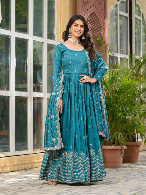 Pure Vichitra Silk Embroidered Gown with Heavy Dupatta
