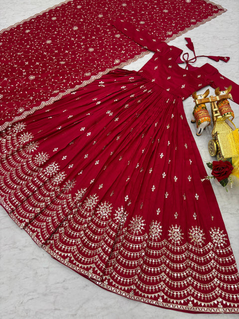 Pure Vichitra Silk Embroidered Gown with Heavy Dupatta