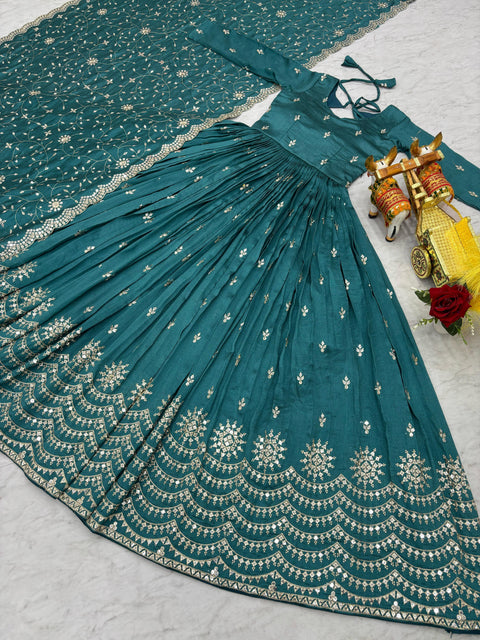 Pure Vichitra Silk Embroidered Gown with Heavy Dupatta