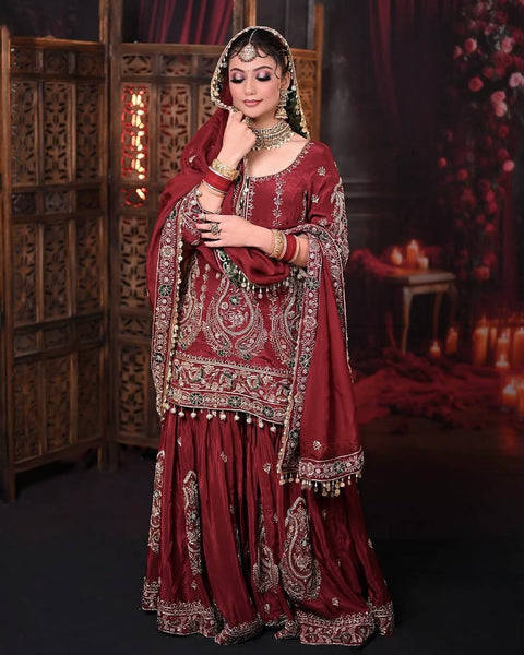 Presenting New Heavy Embroidery Sequence Work Top-Gharara And Dupatta