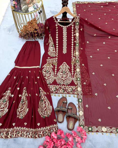 Presenting New Heavy Embroidery Sequence Work Top-Gharara And Dupatta