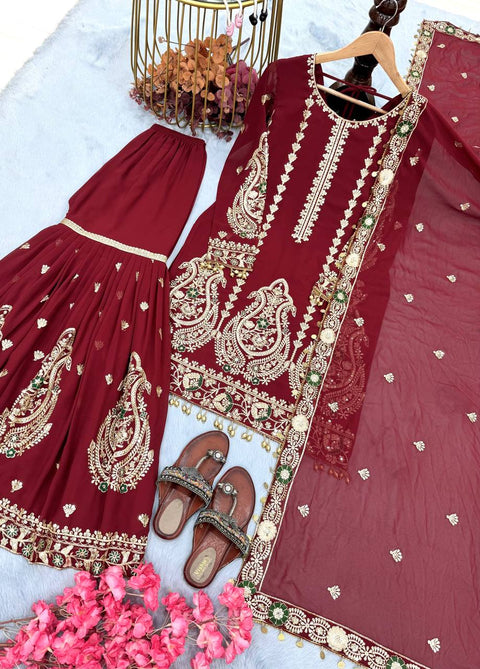 Presenting New Heavy Embroidery Sequence Work Top-Gharara And Dupatta