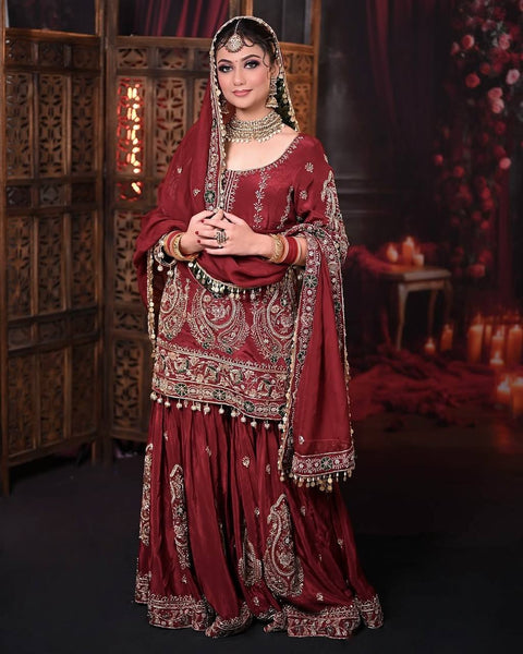 Presenting New Heavy Embroidery Sequence Work Top-Gharara And Dupatta