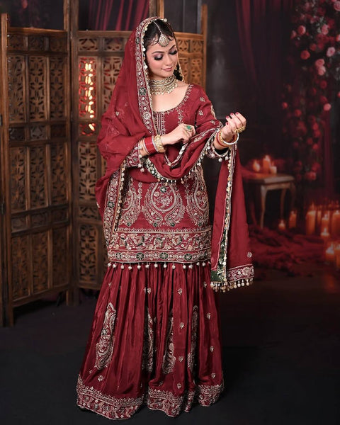 Presenting New Heavy Embroidery Sequence Work Top-Gharara And Dupatta