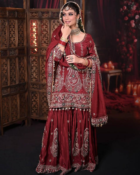 Presenting New Heavy Embroidery Sequence Work Top-Gharara And Dupatta
