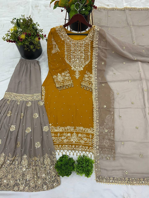 Pure Heavy Chinnon Silk Embroidered Sharara Plazo suit