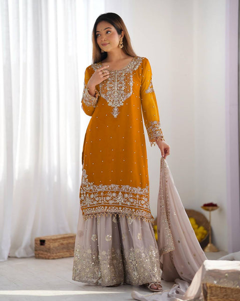 Pure Heavy Chinnon Silk Embroidered Sharara Plazo suit