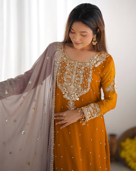 Pure Heavy Chinnon Silk Embroidered Sharara Plazo suit