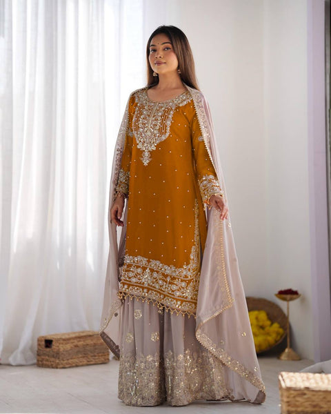 Pure Heavy Chinnon Silk Embroidered Sharara Plazo suit