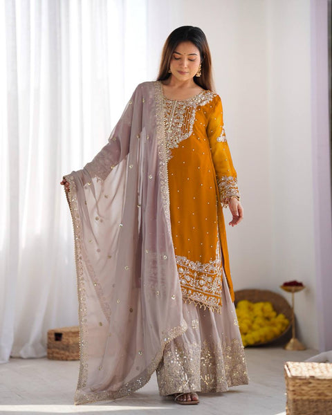 Pure Heavy Chinnon Silk Embroidered Sharara Plazo suit