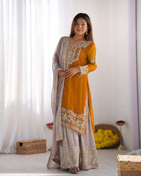 Pure Heavy Chinnon Silk Embroidered Sharara Plazo suit