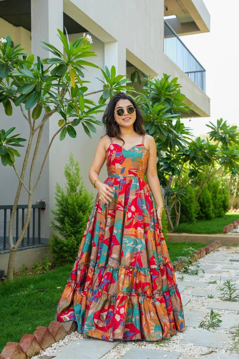 Heavy Rayon Multicolor Festival Wear Printed Readymade Gown